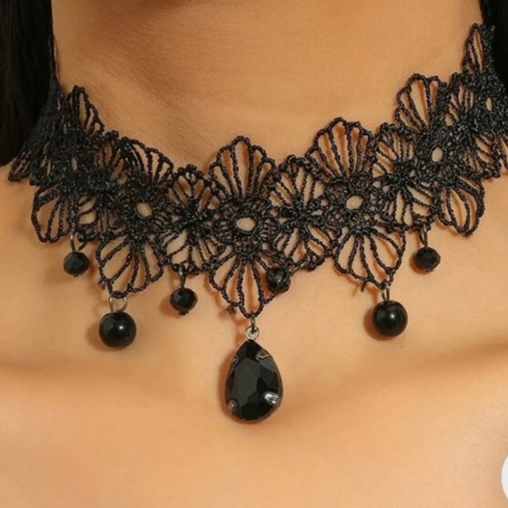 NEW! SEXY BLACK LACE & JEWELS CHOKER NECKLACE - Flirty Gift - Picture 5 of 7